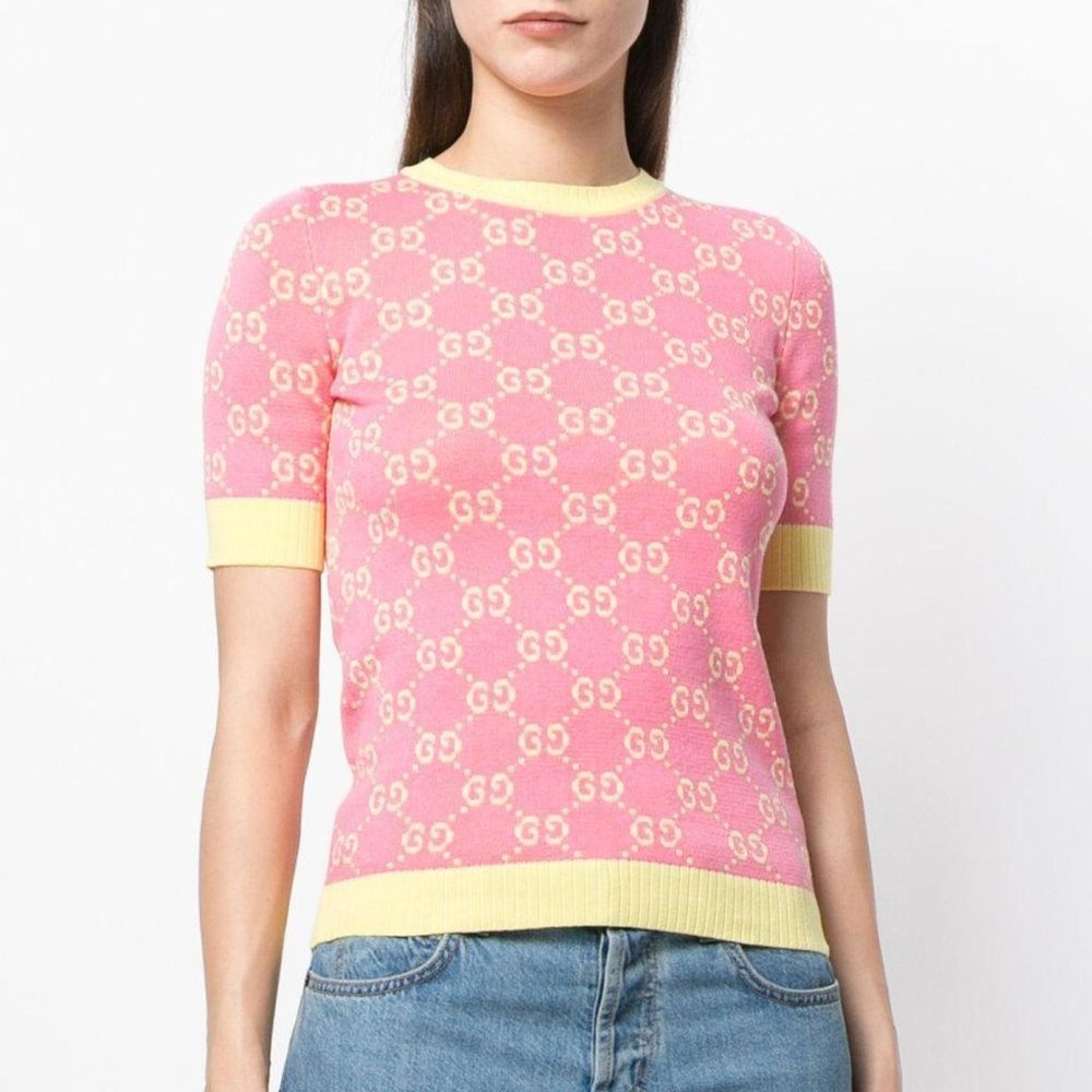 Gucci Pink & Yellow GG Logo Short Sleeve Knit Top
